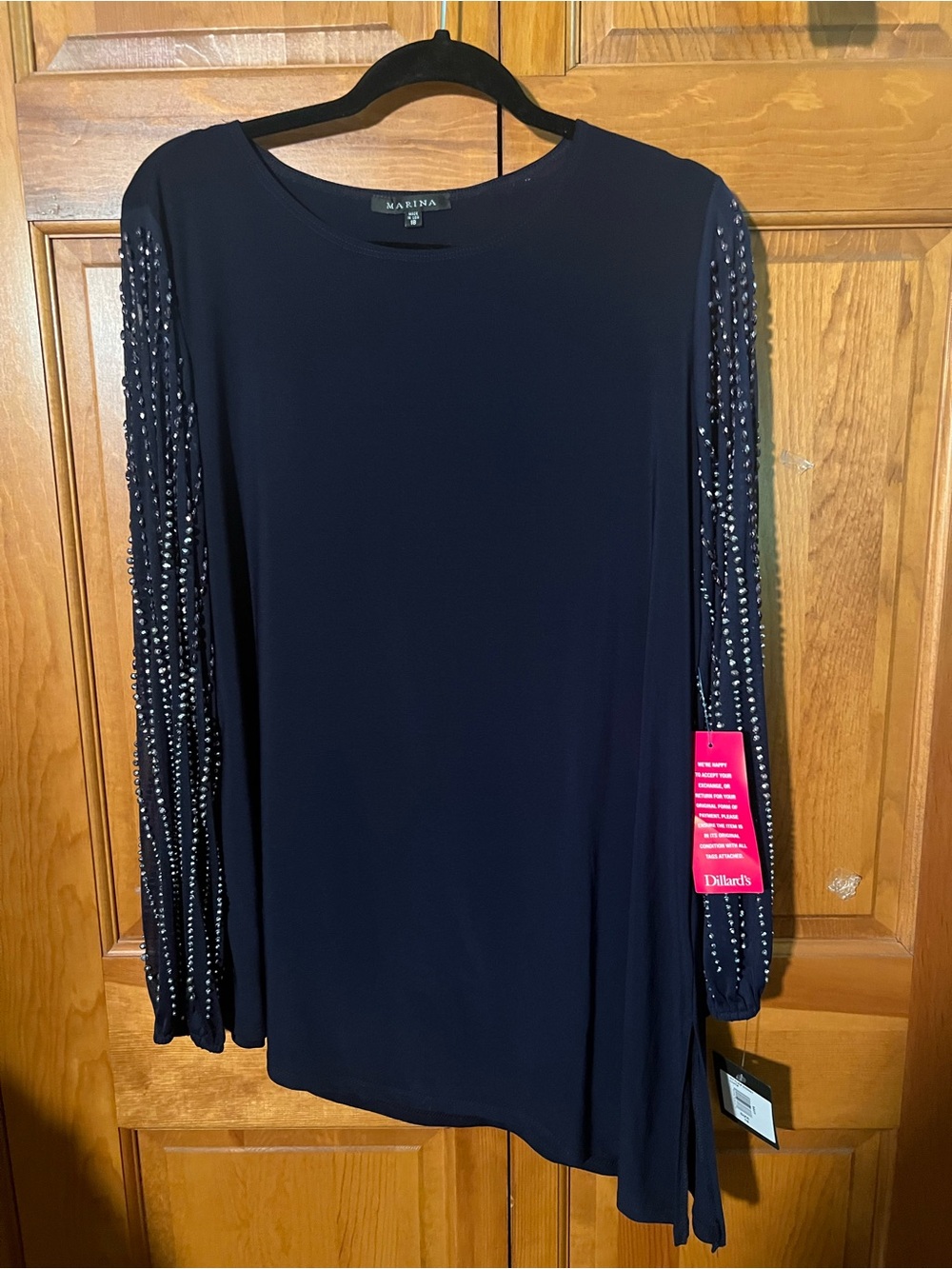 MARINA Navy Beaded-Sleeve Long-Sleeve Blouse